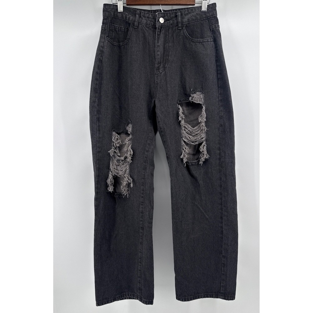 Jessica Jeans Womens Large Distressed Straight Leg High Rise Faded Black Denim